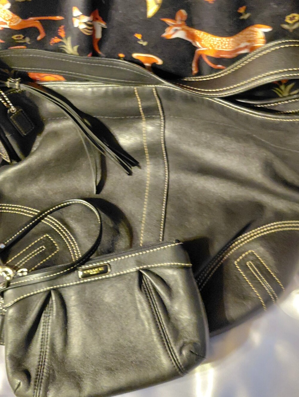 Classic Black Leather Tote with Matching Pouch